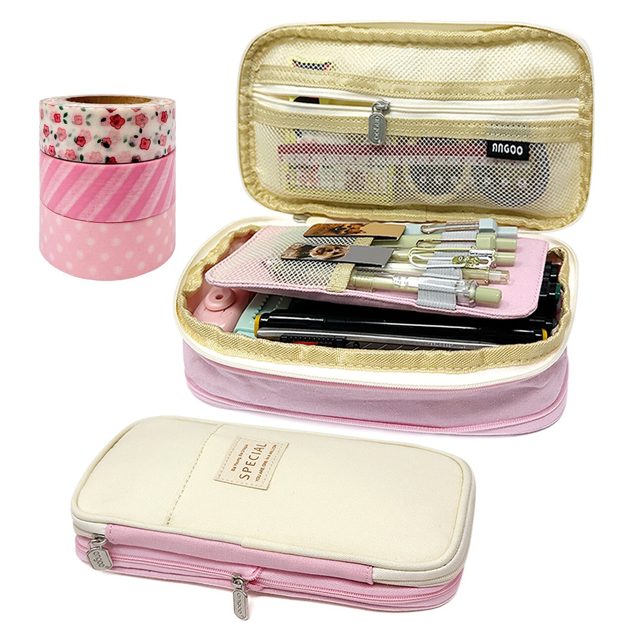 Wrapables Large Capacity Pencil Case, Expandable Pencil Pouch with 3 Washi Rolls, Pink